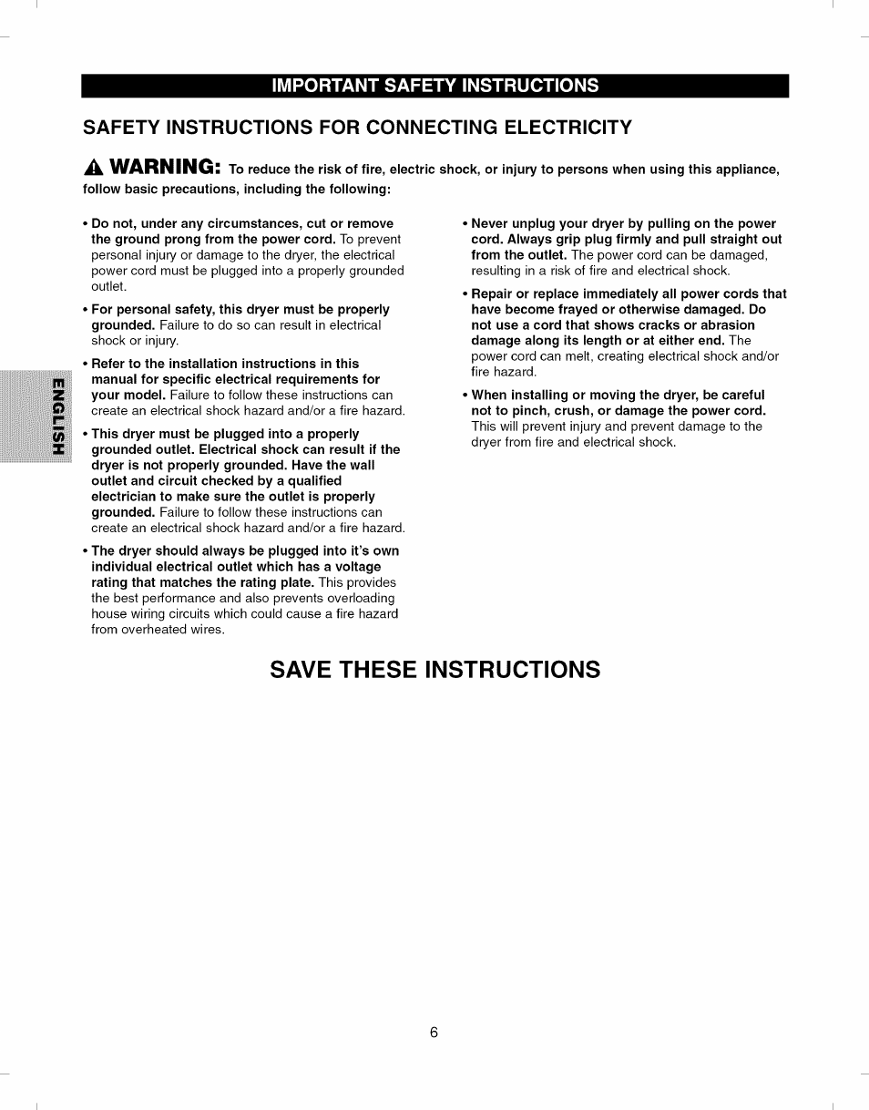 Safety instructions for connecting electricity, Save these instructions, A warning | Kenmore ELITE 796.8051 User Manual | Page 6 / 68