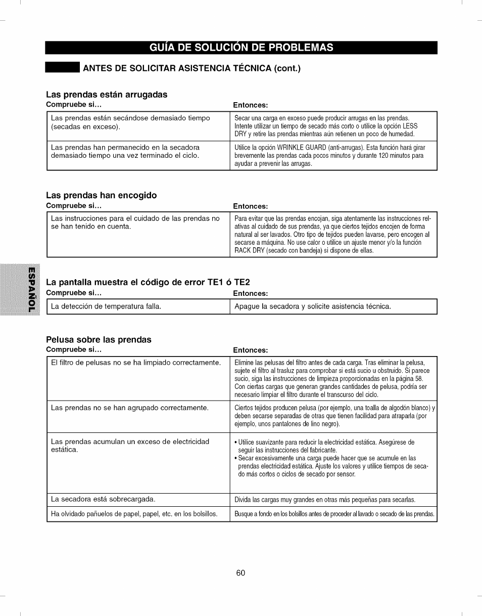 Antes de solicitar asistencia técnica (cont.), Las prendas están arrugadas, Las prendas han encogido | Guia de solucion de problemas | Kenmore ELITE 796.8051 User Manual | Page 60 / 68