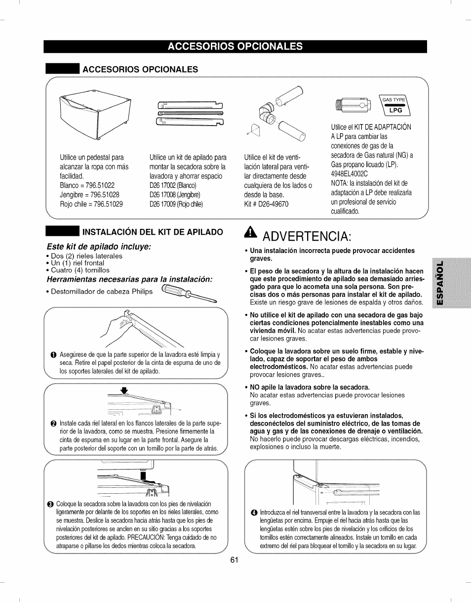 Accesorios opcionales, Instalacion del kit de apilado, Instalación del kit de apilado | Advertencia | Kenmore ELITE 796.8051 User Manual | Page 61 / 68