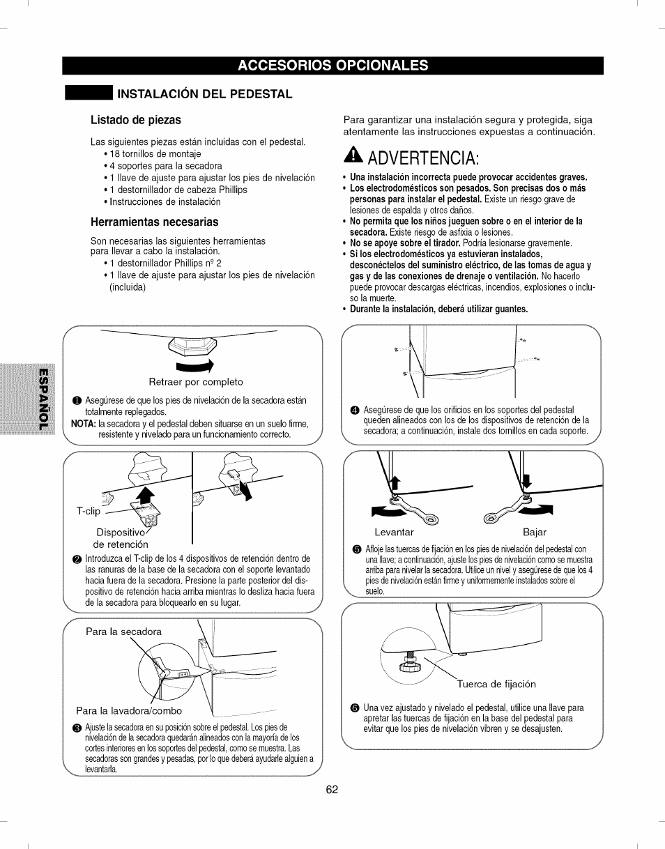 Instalacion del pedestal, Listado de piezas, Herramientas necesarias | A advertencia, Instalación del pedestal, Z> o, Accesorios opcionales | Kenmore ELITE 796.8051 User Manual | Page 62 / 68