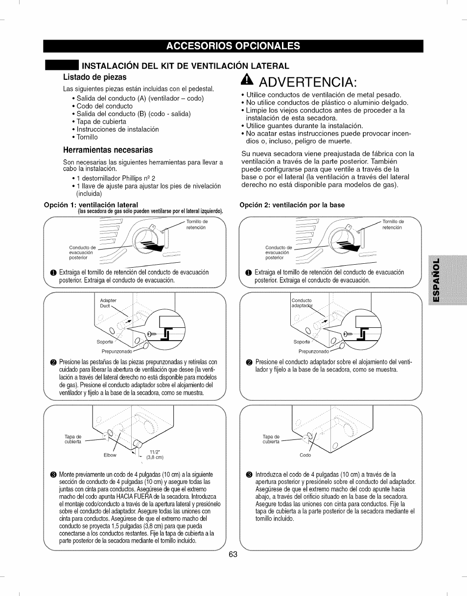 Instalacion del kit de ventilacion lateral, Listado de piezas, Herramientas necesarias | A advertencia, Opción 2: ventilación por la base, Instalación del kit de ventilación lateral, Accesorios opcionales | Kenmore ELITE 796.8051 User Manual | Page 63 / 68