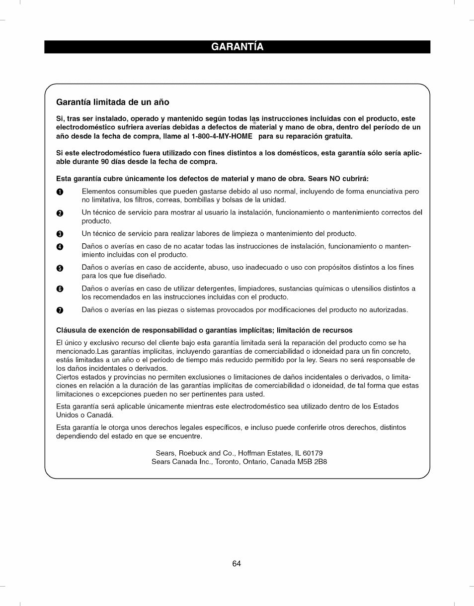 Garantia, Garantía limitada de un año, Garantía | Kenmore ELITE 796.8051 User Manual | Page 64 / 68