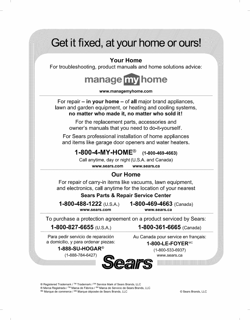 888-su-hogar, Get it fixed, at your home or ours, 800-4-my-home | Your home, Our home | Kenmore ELITE 796.8051 User Manual | Page 68 / 68