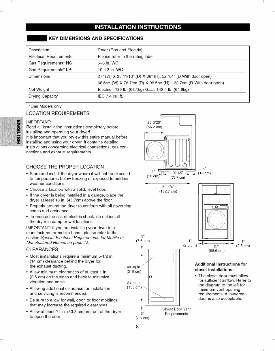 Key dimensions and specifications, Additional instructions for closet installations | Kenmore ELITE 796.8051 User Manual | Page 8 / 68