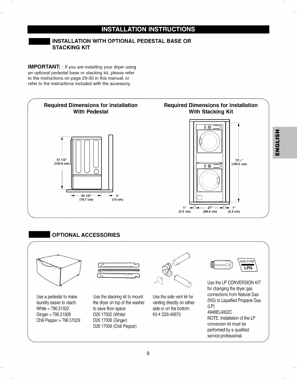 Required dimensions for installation with pedestal, Optional accessories, Installation instructions | Kenmore ELITE 796.8051 User Manual | Page 9 / 68