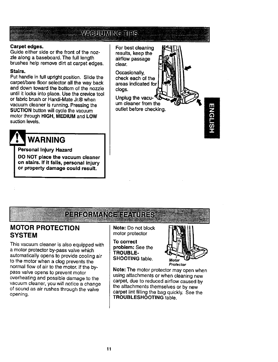 Carpet edges, Warning, Motor protection system | Kenmore ASPIRADORA 116.35623 User Manual | Page 11 / 44