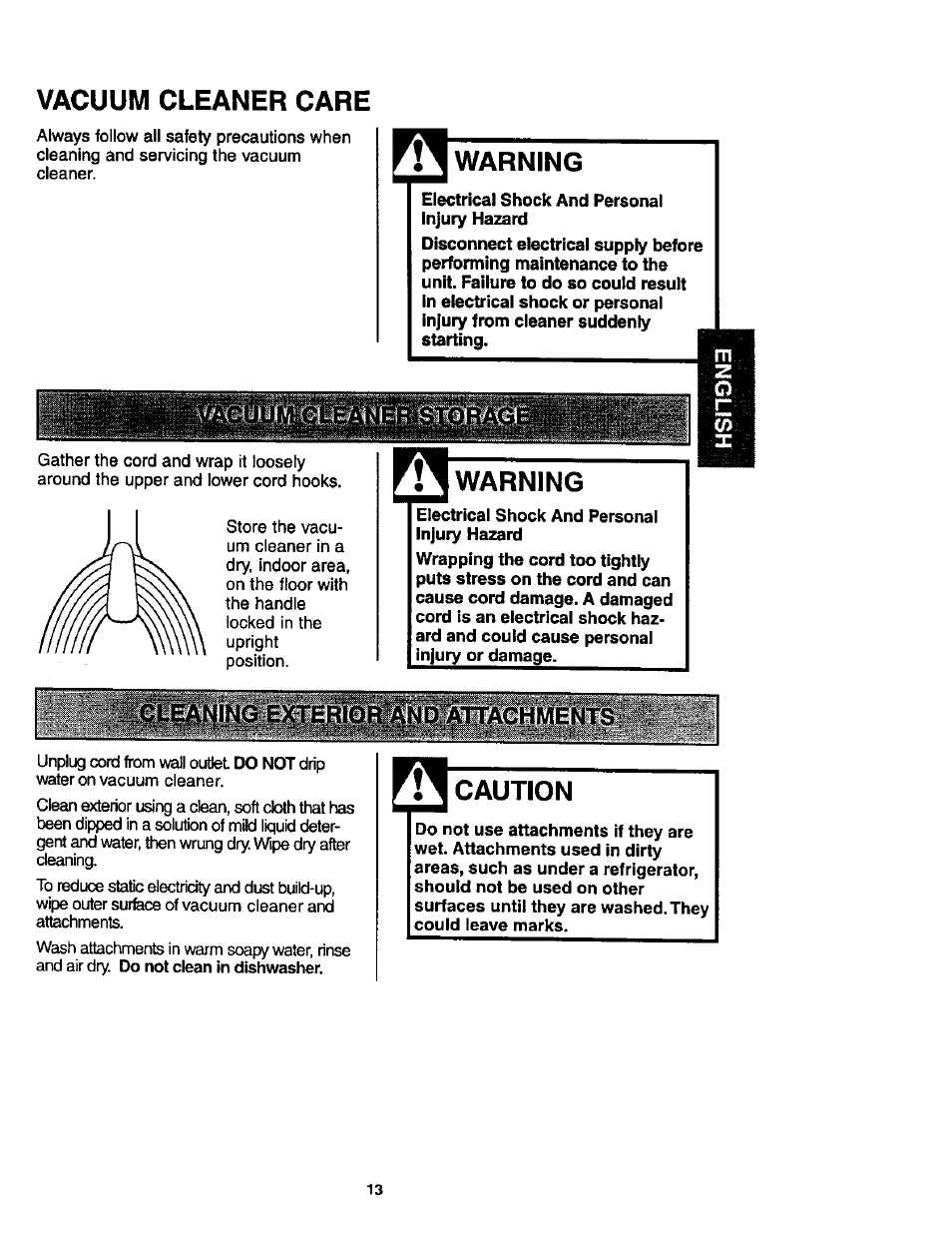 Vacuum cleaner care, Electrical shock and personal injury hazard, Warning | Cleaning exterior'and attachments, Caution, Cleaning exterior and attachments | Kenmore ASPIRADORA 116.35623 User Manual | Page 13 / 44