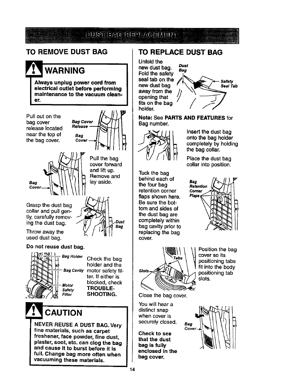 To remove dust bag, Warning, Caution | To replace dust bag | Kenmore ASPIRADORA 116.35623 User Manual | Page 14 / 44