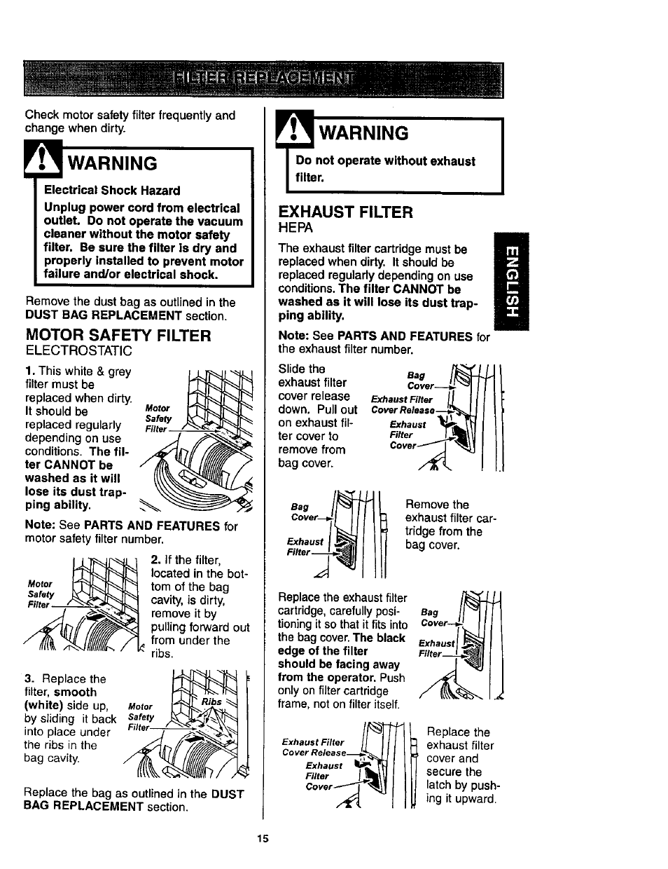 Warning, Electrical shock hazard, Motor safety filter | Electrostatic, Do not operate without exhaust filter, Exhaust filter, Hepa | Kenmore ASPIRADORA 116.35623 User Manual | Page 15 / 44