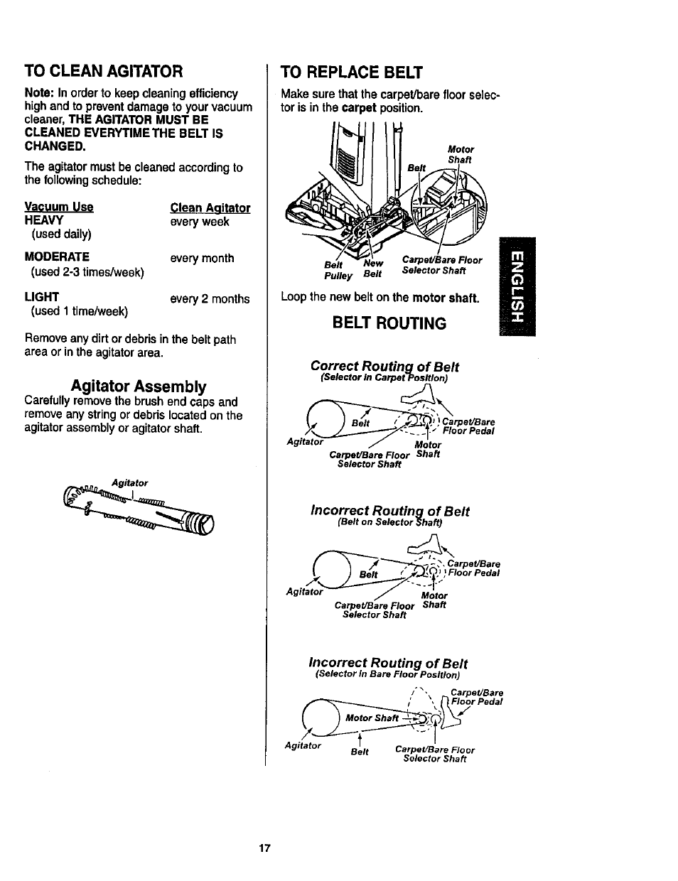 To clean agitator, Agitator assembly, To replace belt | Belt routing, Loop the new belt on the motor shaft | Kenmore ASPIRADORA 116.35623 User Manual | Page 17 / 44