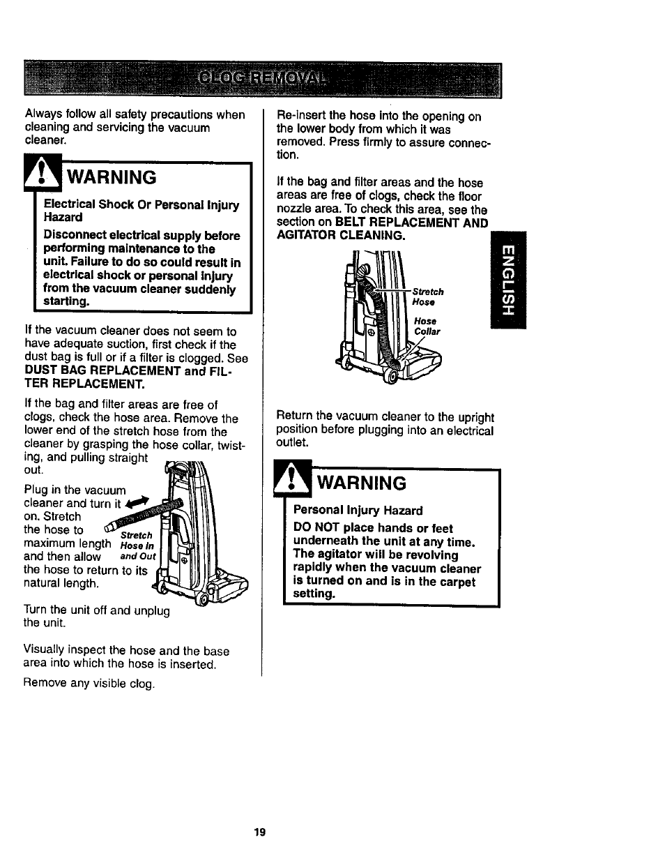 Warning, Electrical shock or personal injury hazard | Kenmore ASPIRADORA 116.35623 User Manual | Page 19 / 44