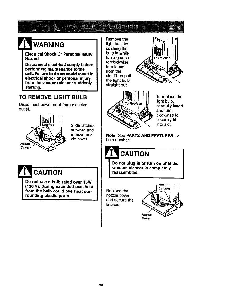 Warning, To remove light bulb, Caution | Kenmore ASPIRADORA 116.35623 User Manual | Page 20 / 44