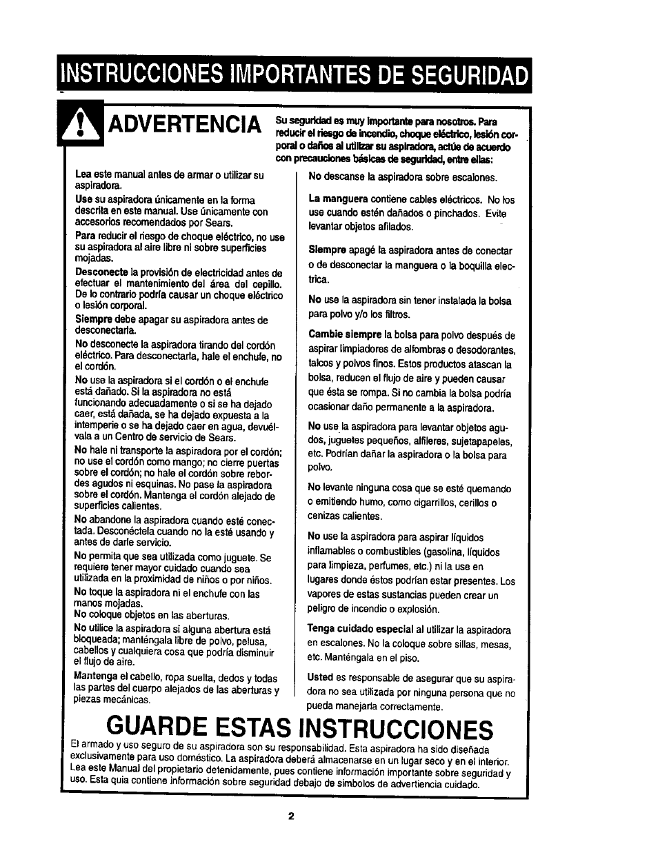 Instrucciones importantes de seguridad, Advertencia, Guarde estas instrucciones | Kenmore ASPIRADORA 116.35623 User Manual | Page 24 / 44