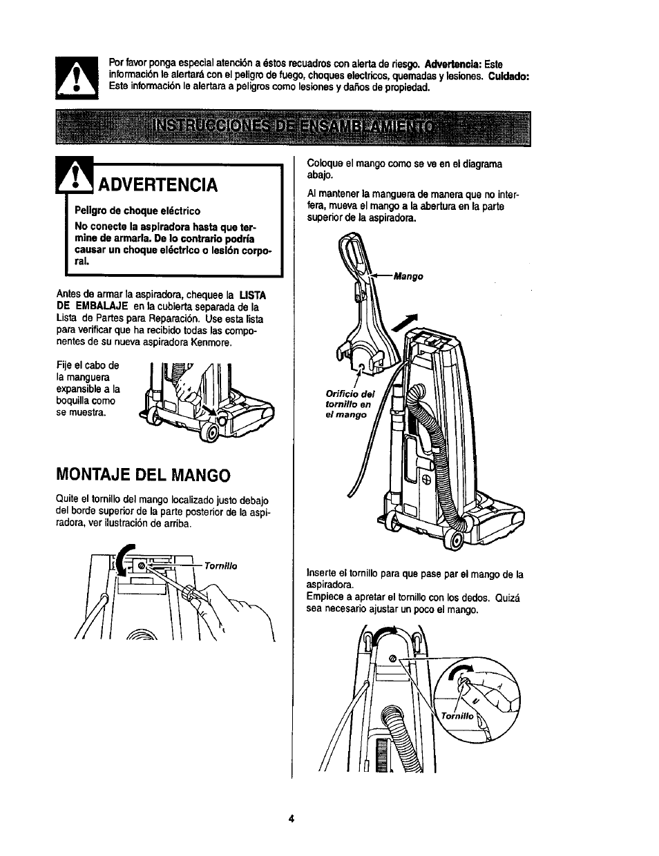 Advertencia, Montaje del mango | Kenmore ASPIRADORA 116.35623 User Manual | Page 26 / 44