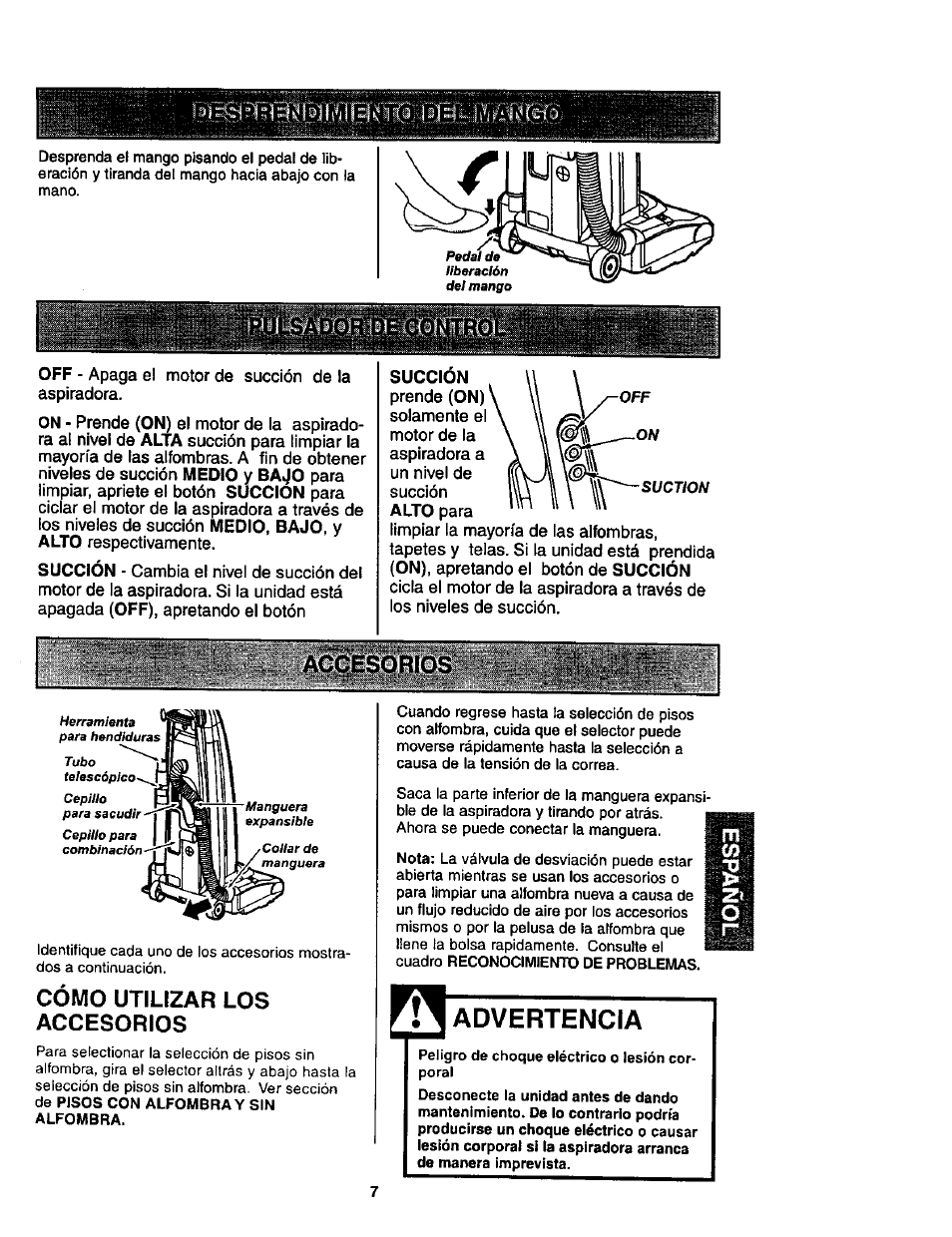 Cómo utilizar los accesorios, Advertencia | Kenmore ASPIRADORA 116.35623 User Manual | Page 29 / 44