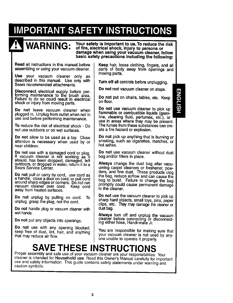 Important safety instructions, Save these instructions, Warning | Kenmore ASPIRADORA 116.35623 User Manual | Page 3 / 44