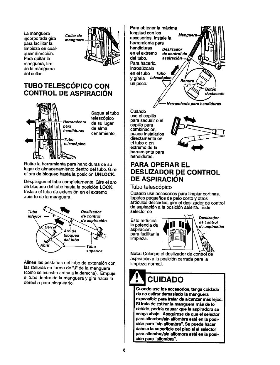 Tubo telescopico con control de aspiración, Para operar el deslizador de control de aspiración, Tubo telescópico | Cuidado | Kenmore ASPIRADORA 116.35623 User Manual | Page 30 / 44