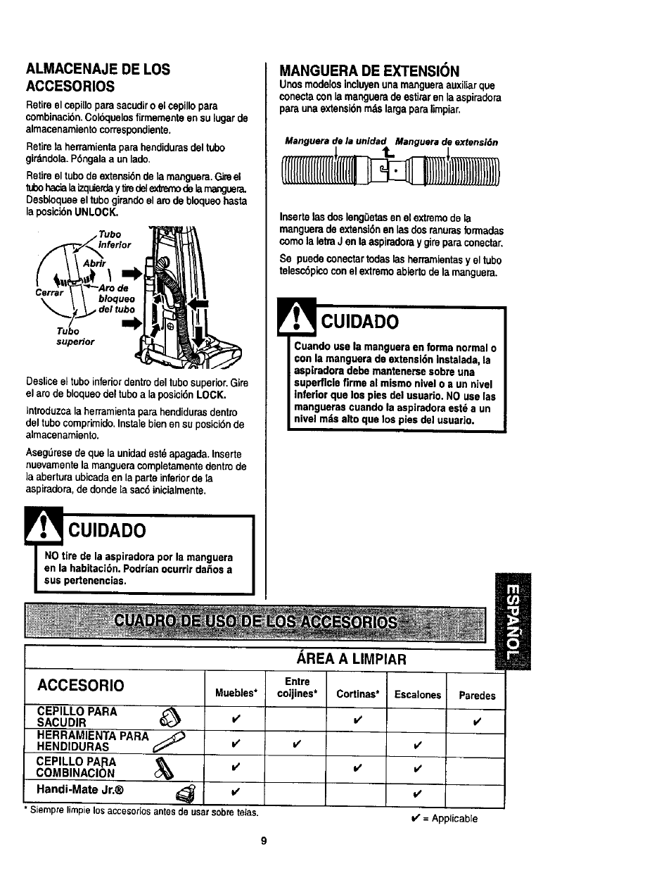 Almacenaje de los accesorios, Cuidado, Manguera de extension | Area a limpiar | Kenmore ASPIRADORA 116.35623 User Manual | Page 31 / 44