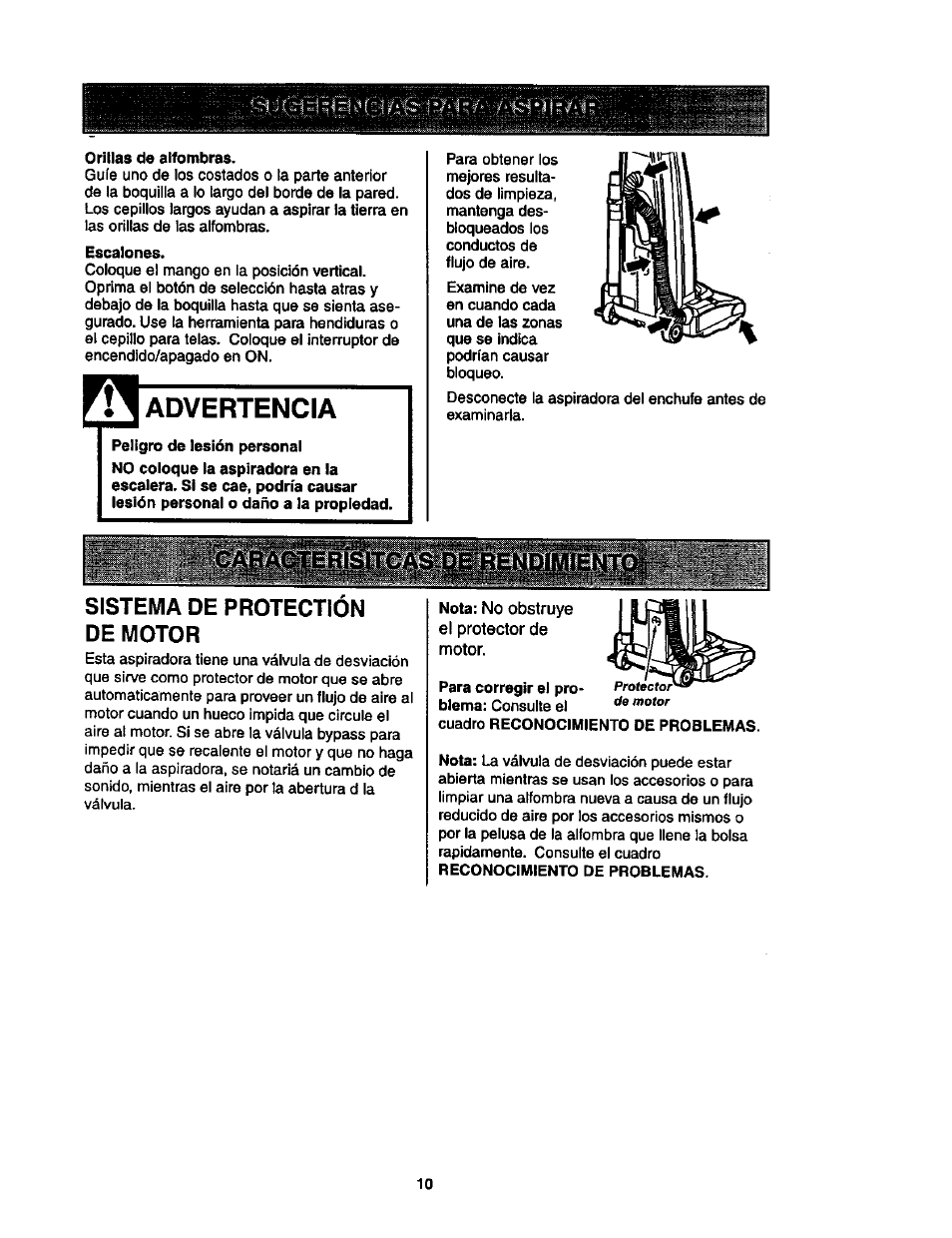 Orillas de alfombras, Escalones, Advertencia | Peligro de lesión personal, Sistema de protectión de motor | Kenmore ASPIRADORA 116.35623 User Manual | Page 32 / 44