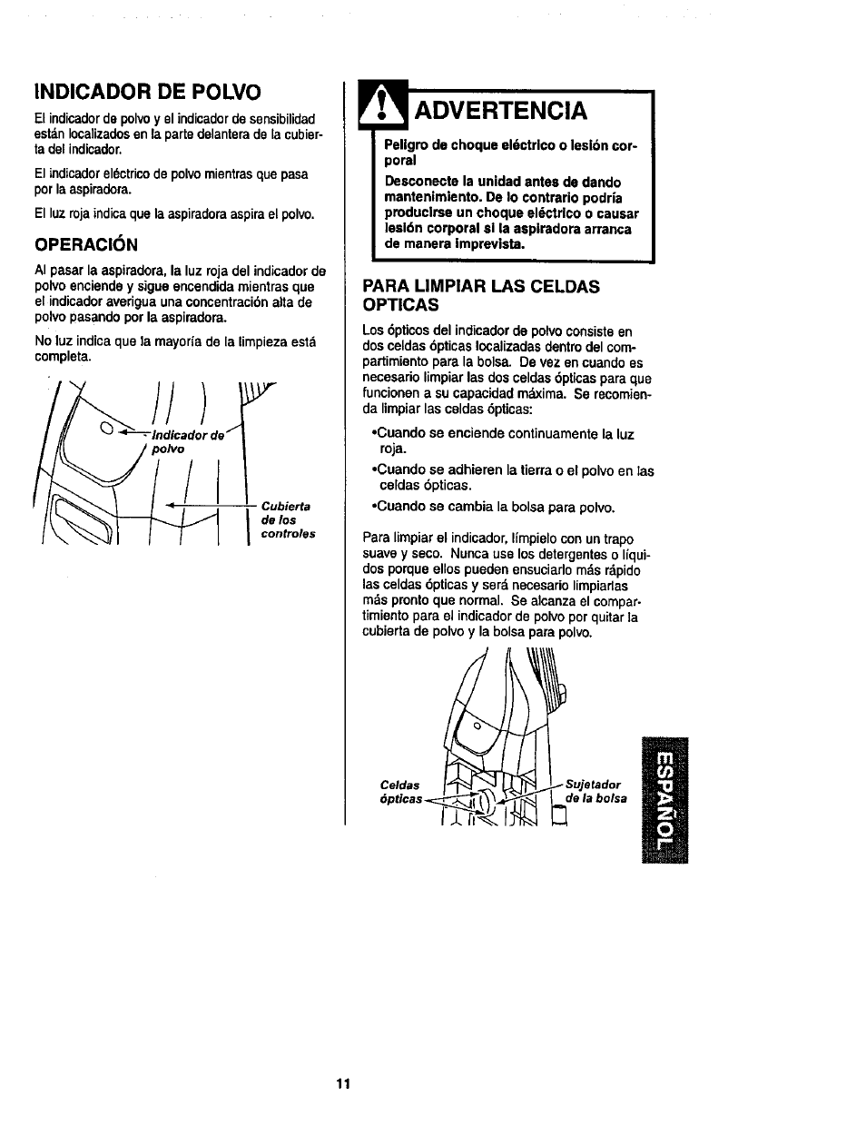 Indicador de polvo, Operación, Advertencia | Para limpiar las celdas opticas | Kenmore ASPIRADORA 116.35623 User Manual | Page 33 / 44