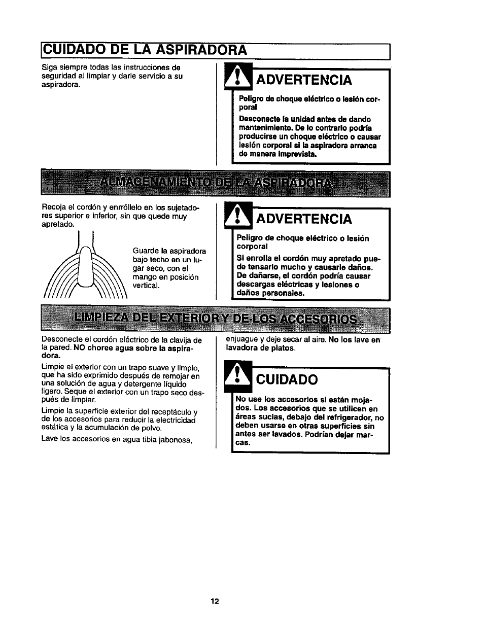 Cuidado de la aspiradora, Advertencia, Cuidado | Kenmore ASPIRADORA 116.35623 User Manual | Page 34 / 44