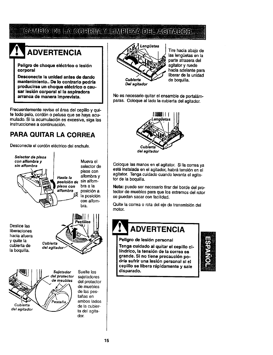 Advertencia, Para quitar la correa | Kenmore ASPIRADORA 116.35623 User Manual | Page 37 / 44