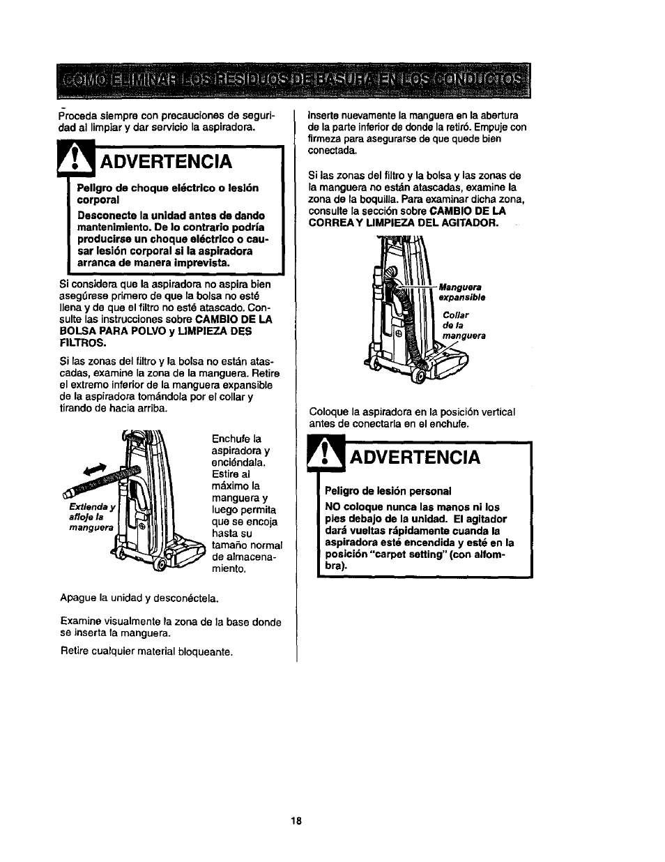 Advertencia, Peligro de choque eléctrico o lesión corporal, Peligro de lesión personal | Kenmore ASPIRADORA 116.35623 User Manual | Page 40 / 44