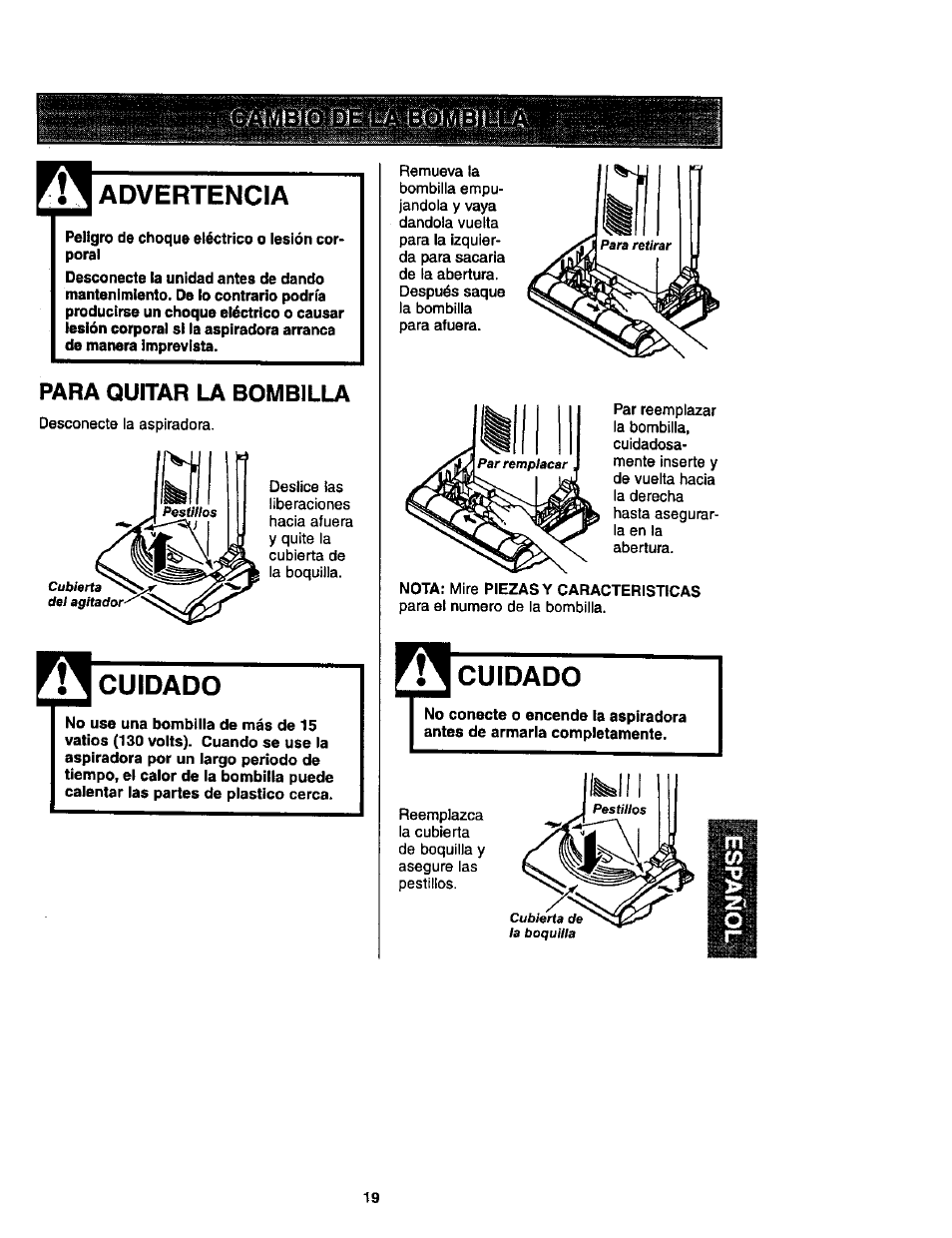 Advertencia, Para quitar la bombilla, Cuidado | Íljí | Kenmore ASPIRADORA 116.35623 User Manual | Page 41 / 44