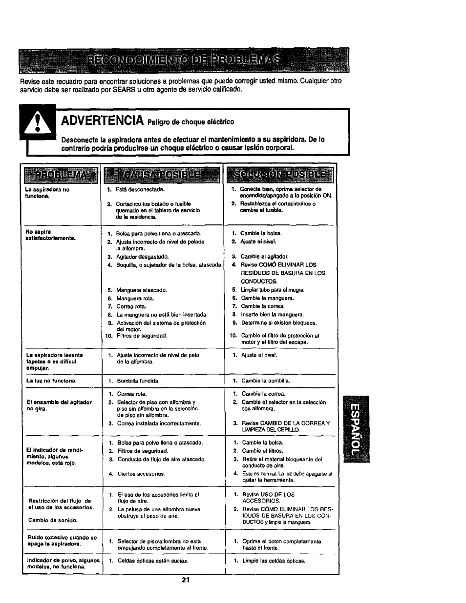 Advertencia peligro de choque eléctrico, Advertencia | Kenmore ASPIRADORA 116.35623 User Manual | Page 43 / 44