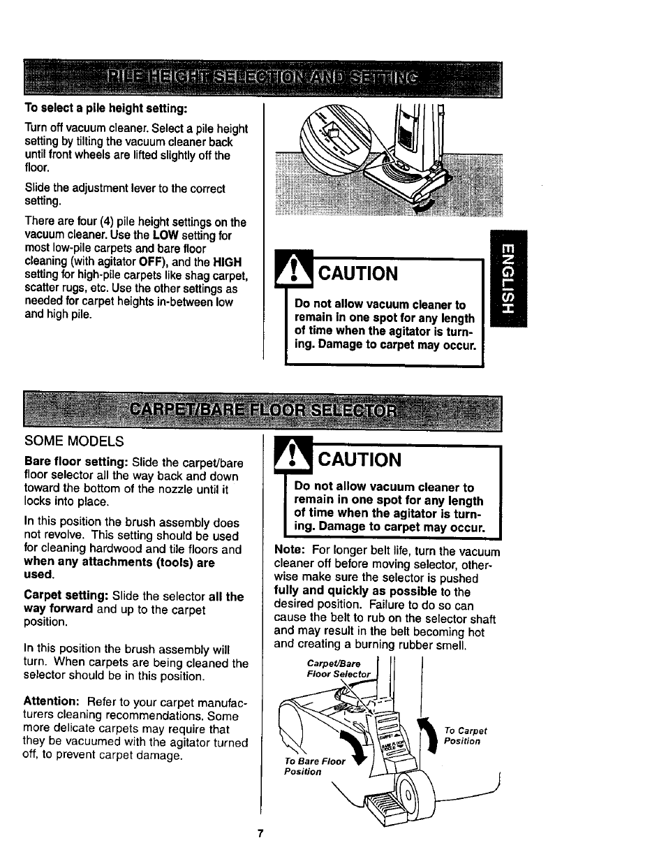 To select a pile height setting, Caution, Carpet/bare floor selector | Kenmore ASPIRADORA 116.35623 User Manual | Page 7 / 44