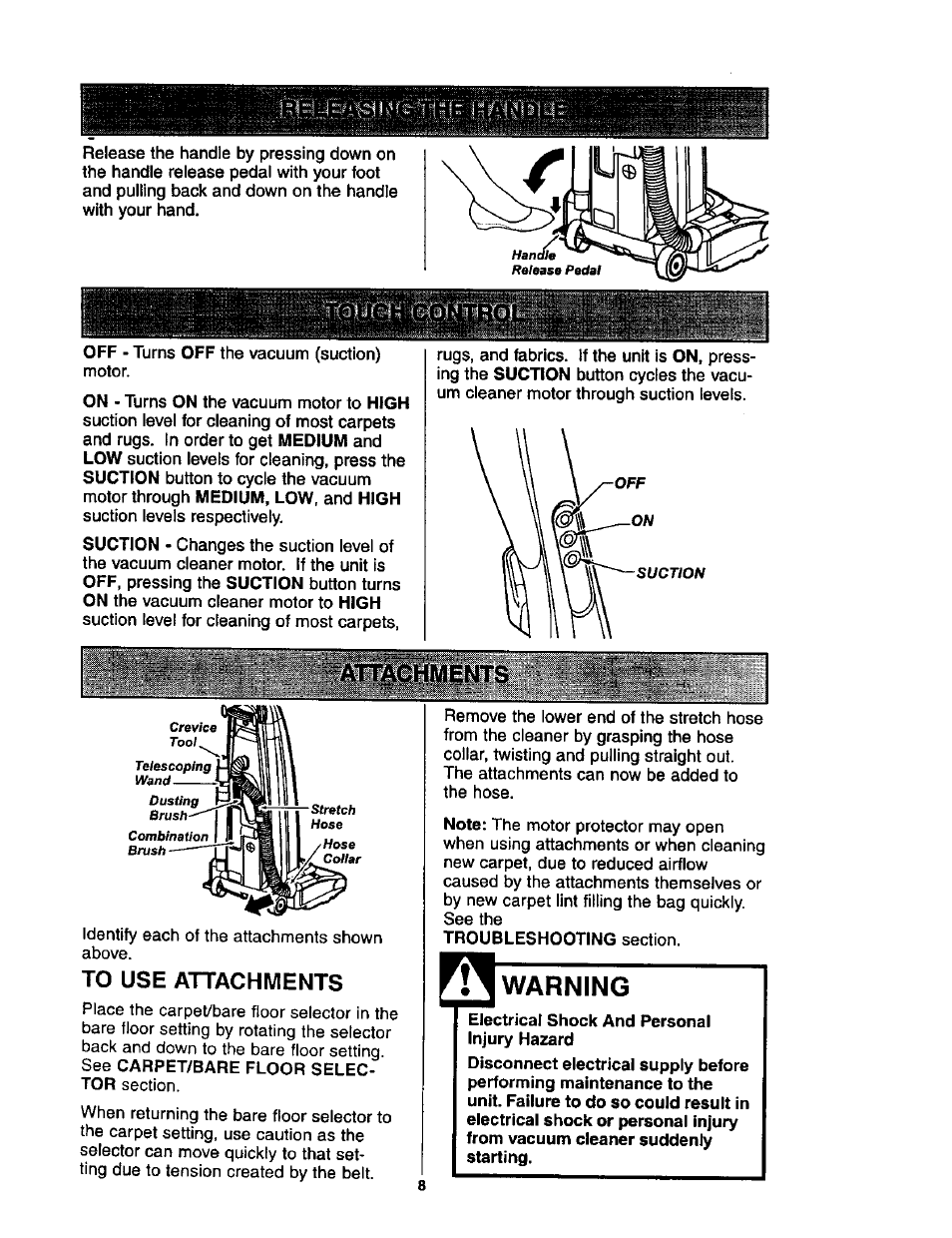 To use attachments, Warning, Attachments | Kenmore ASPIRADORA 116.35623 User Manual | Page 8 / 44