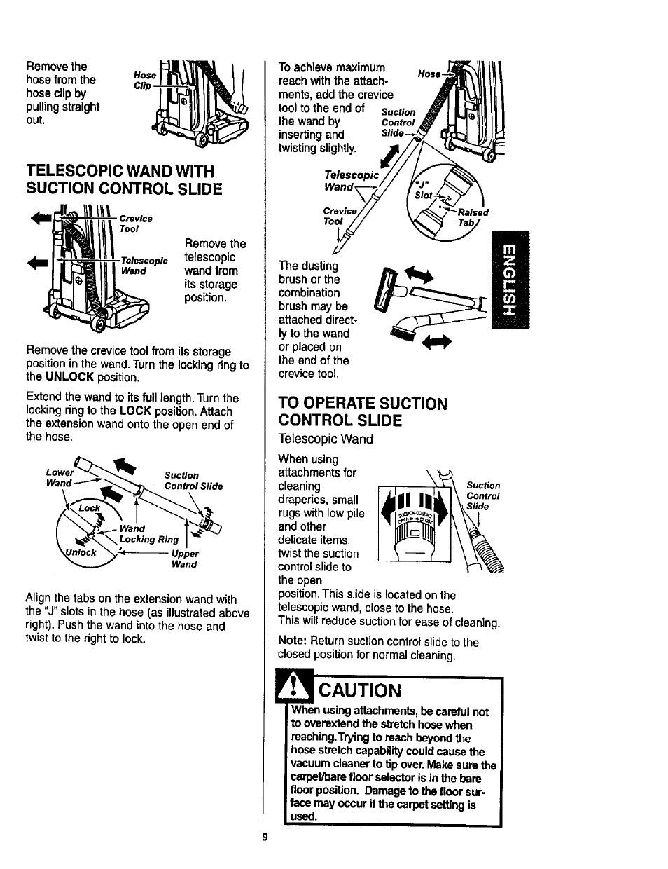 Telescopic wand with suction control slide, To operate suction control slide, Caution | Kenmore ASPIRADORA 116.35623 User Manual | Page 9 / 44