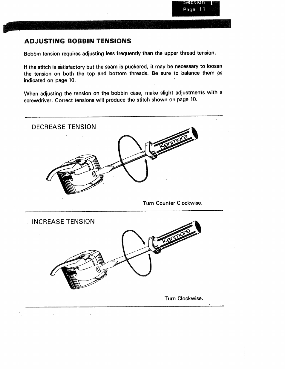 Adjusting bobbin tensions, Increase tension | Kenmore 1250 User Manual | Page 12 / 47