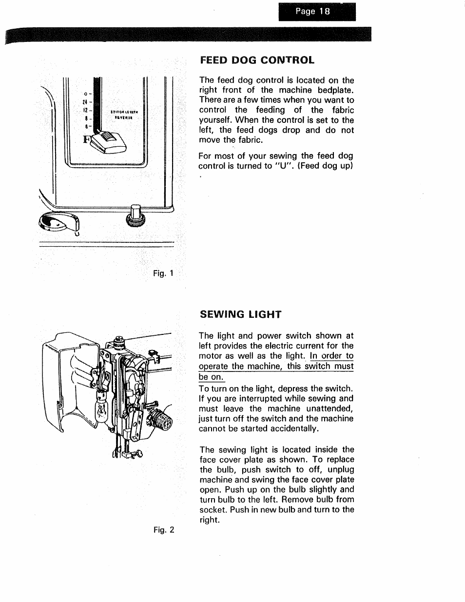 Feed dog control, Sewing light, Feed dog control sewing light | Sewing | Kenmore 1250 User Manual | Page 20 / 47