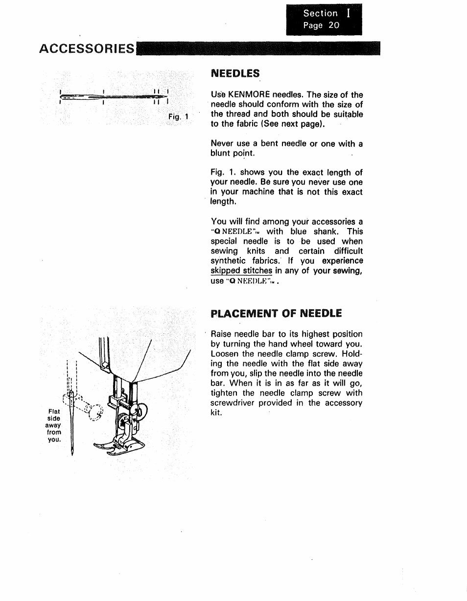 Needles, Accessories, Flacef^ent of needle | Kenmore 1250 User Manual | Page 22 / 47