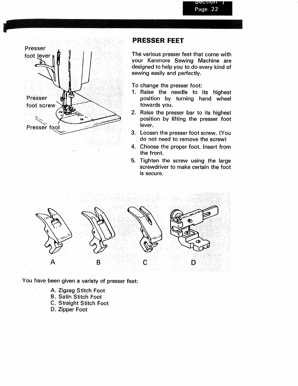 Feet | Kenmore 1250 User Manual | Page 24 / 47