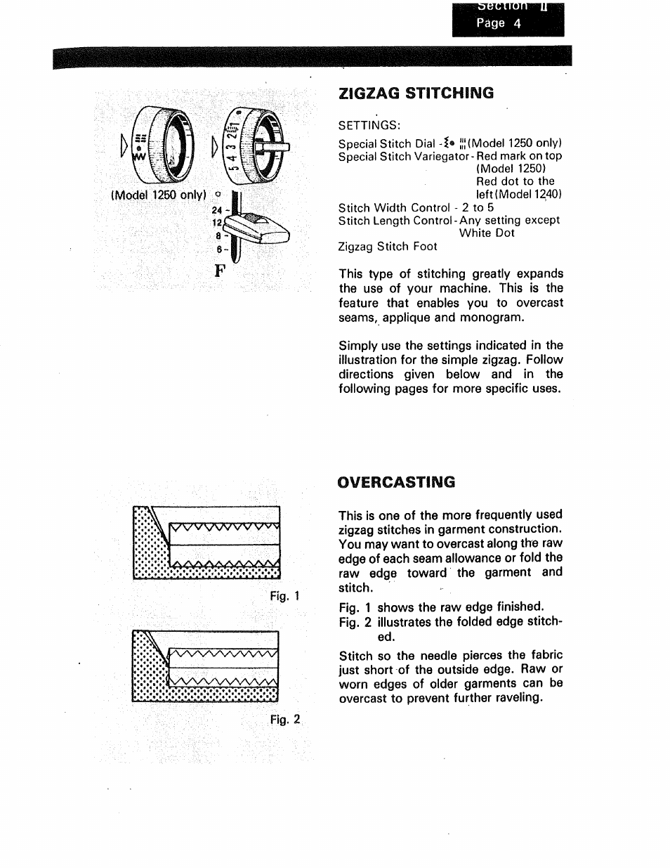 Zigzag stitching, Overcasting | Kenmore 1250 User Manual | Page 28 / 47