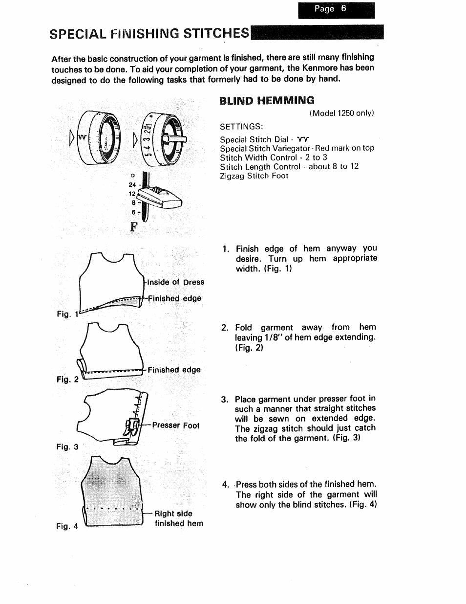 Special fiwishing stitches, Blind hemming | Kenmore 1250 User Manual | Page 30 / 47