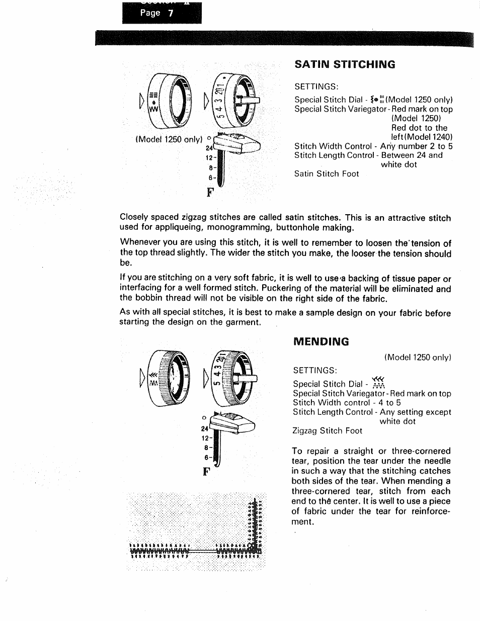 Satin stitching, Mending, Stretch stitching | Kenmore 1250 User Manual | Page 31 / 47