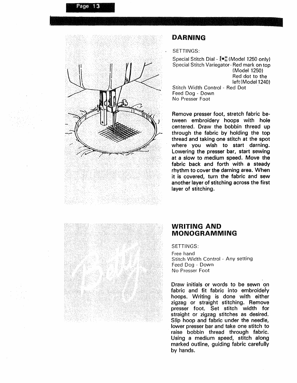 Darning, Writing and, Writing and monogramming | Kenmore 1250 User Manual | Page 37 / 47