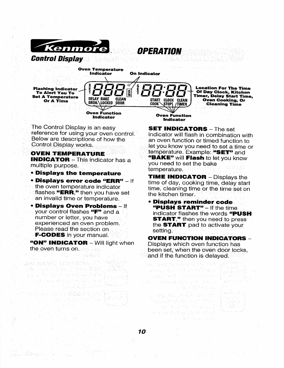 U u u o, Operation, Contrai display | Kenmore 911.46565 User Manual | Page 10 / 30