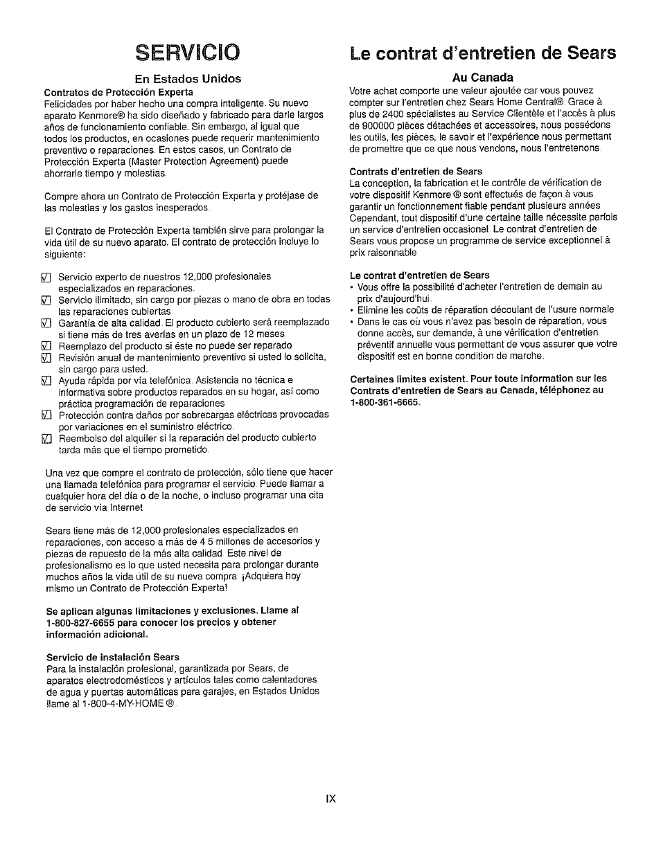 En estados unidos, Au canada, Servicio | Le contrat d’entretien de sears | Kenmore 385.162213 User Manual | Page 10 / 111