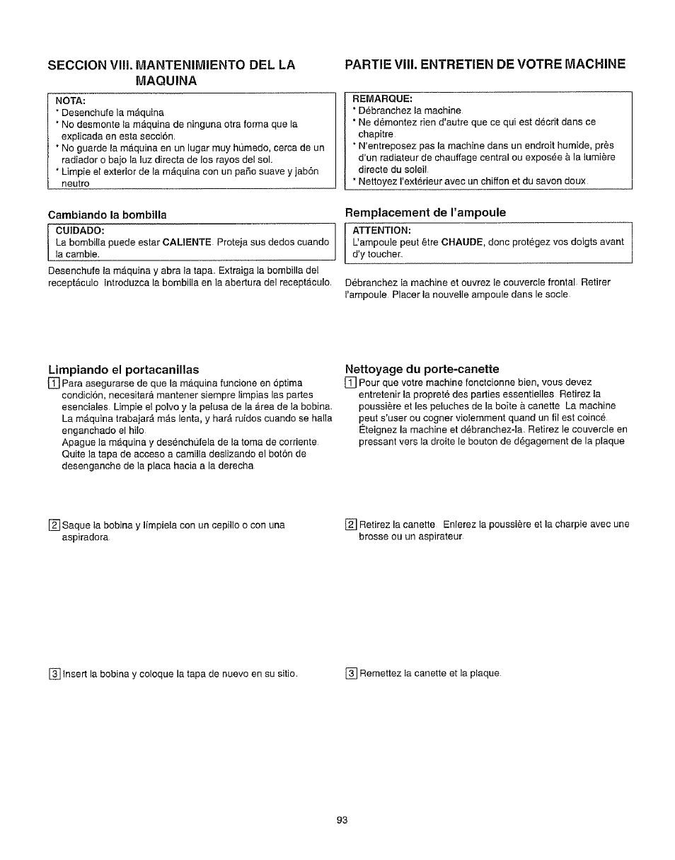 Seccion viil mantenimiento del la maquina, Partie vih. entretien de votre machine, Limpiando el portacanillas | Nettoyage du porte-canette | Kenmore 385.162213 User Manual | Page 105 / 111