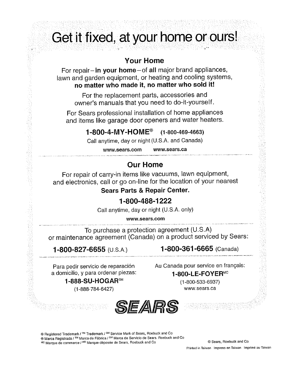 Get it fixed, at your home or ours, Your home, Our home | Kenmore 385.162213 User Manual | Page 111 / 111