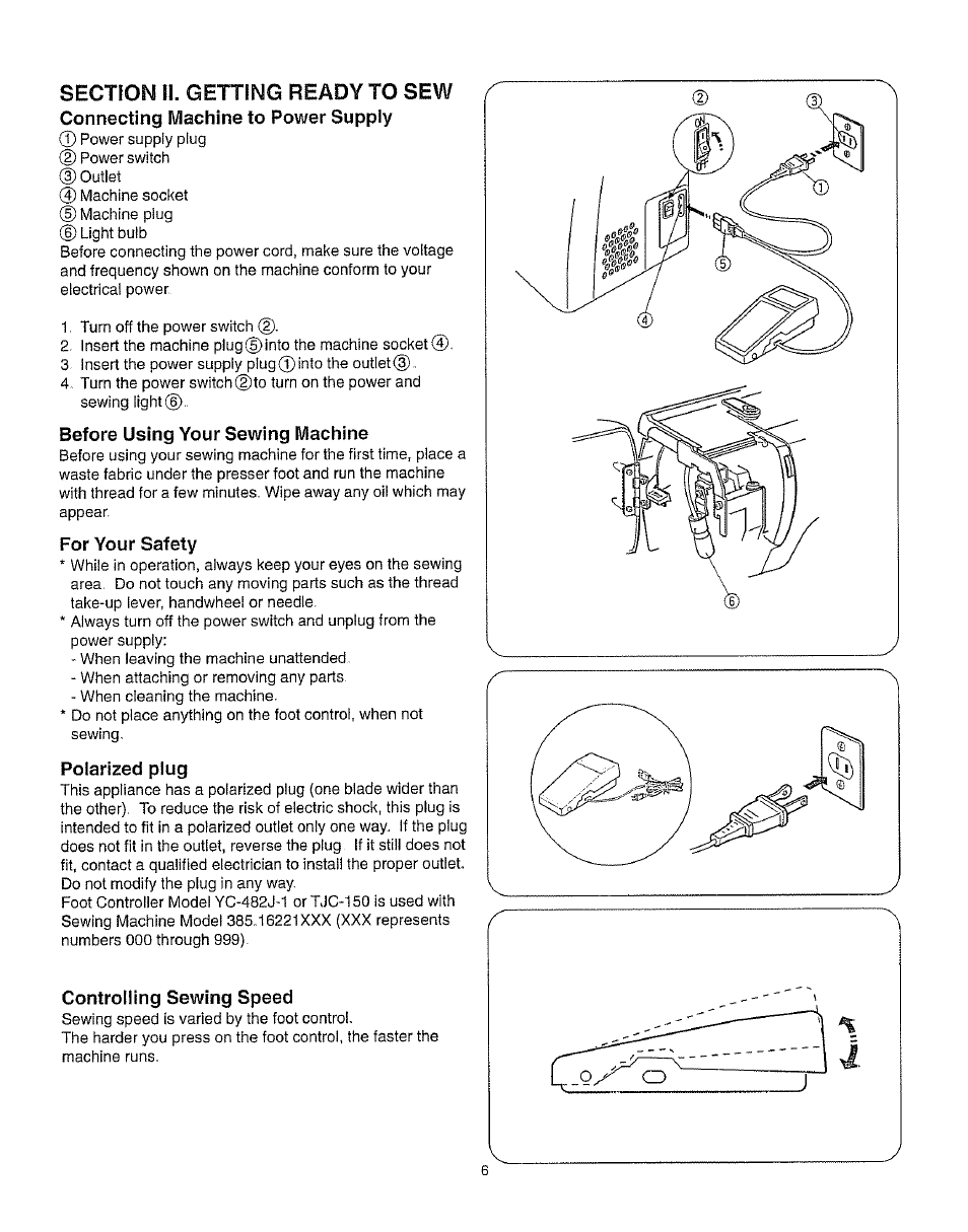 Connecting machine to power supply, Before using your sewing machine, For your safety | Polarized plug, Controlling sewing speed, Sectiom и. getting ready to sew | Kenmore 385.162213 User Manual | Page 18 / 111