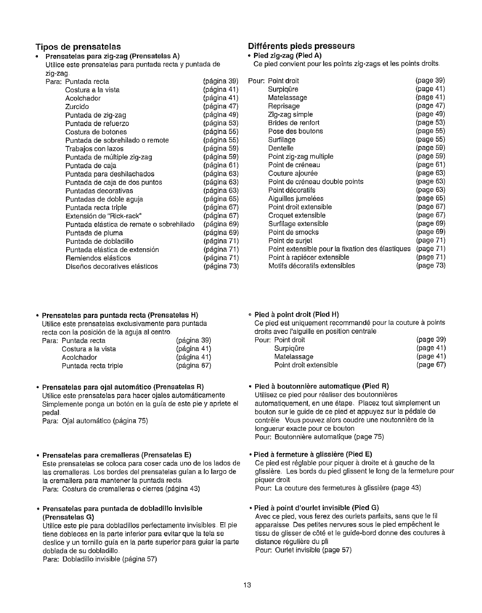 Tipos de prénsatelas, Différents pieds presseurs | Kenmore 385.162213 User Manual | Page 25 / 111