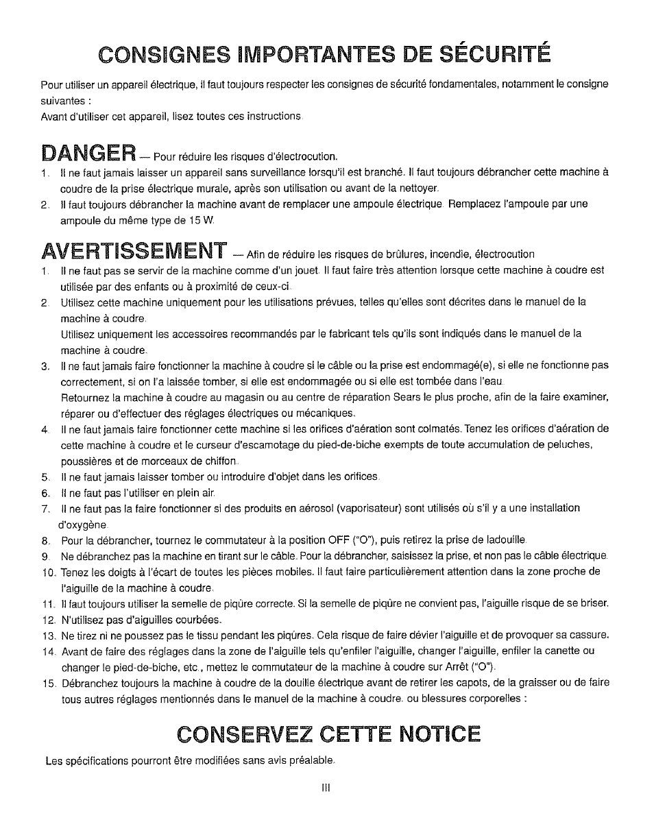 Consignes importantes de securite, Danger, Avertissement | Conservez cette notice | Kenmore 385.162213 User Manual | Page 4 / 111