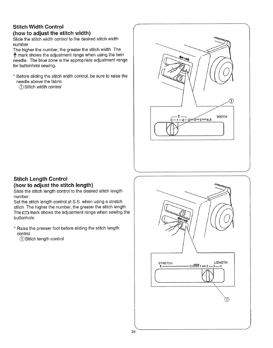 Stitch width control, How to adjust the stitch width), Stitch length control | How to adjust the stitch length), Stitch length zones stitch width control, How to adjust buttonhole stitch density | Kenmore 385.162213 User Manual | Page 46 / 111