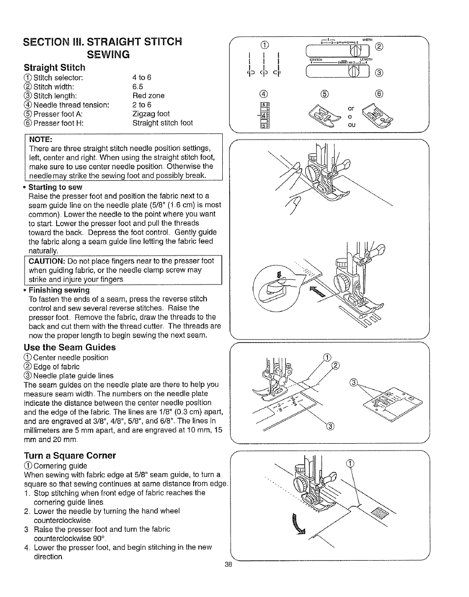 Straight stitch, Use the seam guides, Turn a square corner | For: straight stitch | Kenmore 385.162213 User Manual | Page 50 / 111