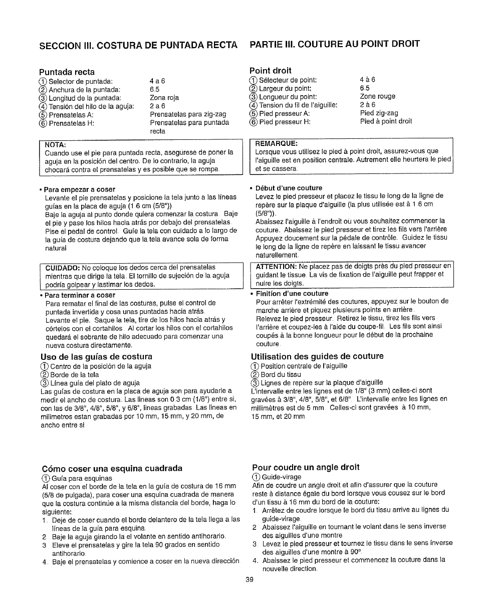 Puntada recta, Uso de las guías de costura, Point droit | Utilisation des guides de couture, Cómo coser una esquina cuadrada, Pour coudre un angle droit | Kenmore 385.162213 User Manual | Page 51 / 111